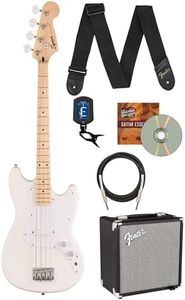 Fender Squier Sonic Bronco Bass Guitar, Maple Fingerboard - Arctic White Bundle with Rumble 15 Bass Amplifier, Guitar Cable, Fender Tuner, Guitar Strap, and Austin Bazaar Instructional DVD