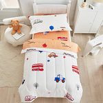 4 Pieces Toddler Bedding Set for Baby Girls and Boys, Cute Car and Tree Print on White, Includes Comforter, Flat Sheet, Fitted Sheet and Pillowcase