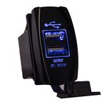 MICTUNING Universal Rocker Style Car USB Charger - with Blue LED Light Dual USB Power Socket for Rocker Switch Panel