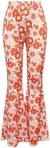 OYOANGLE Girl's Boho Floral Print Elastic Waist Flared Leg Pants Casual Bell Bottom Trousers Orange 10Y