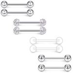 D.Bella 4 Pairs 14G Stainless Steel Clear Crystal Nipple Tongue Shield Ring Barbell Body Piercing Jewelry Retainer 14mm - Silver