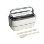 YELONA Japanese Style 2 Layer & 3 Compartments Bento Lunch Box, 2 Airtight Stainless Steel Containers + Plastic Spoon & Chopsticks, Microwave & Dishwasher Safe - (1400 ML, Cloud Grey)