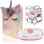 Plush Unicorn Notebook Set - Journal for Girls Private Diary Embroidery School Travel Notepad,Gift for Little Girls with Unicorn Elements