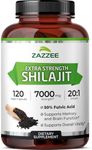 Zazzee 100% Pure Organic Himalayan Shilajit 20:1 Extract, 7000 mg Strength per Capsule, 50% Fulvic Acid, 120 Servings per Bottle, 20X Potency, Rich in Trace Minerals, Non-GMO, Vegan, Made in The USA