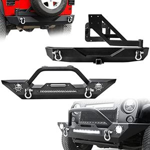LEDKINGDOMUS Front& Rear Bumper with Tire Carrier Compatible with 07-18 Jeep Wrangler JK JKU Rubicon Sahara Sports Model w/ 2x 60W Fog Light, Winch Plate and D-rings Offroad Rock Crawler Bumper