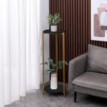 2 Tier Tall Plant Stand Round Pot Holder Indoor for Balcony Living Room Decoration, Floor Freestanding Flower Display Stand Rack Wood Marble Effect Top with Metal Frame (Black Marble)