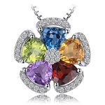 JewelryPalace Multicolor Flower 2.6ct Genuine Amethyst Citrine Garnet Peridot Topaz Pendant Necklaces for Women, 14K White Gold 925 Sterling Silver Natural Gemstones Jewellery Sets 18 Inches Chain