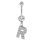 Initial Dangle Belly Button Rings | Embellished with CZ Crystals in Silver Letters A to Z | Ideal for Navel Piercings Belly Piercings - Initial R - BB-018