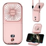 5-in-1 Portable Handheld Fan, Necklace Fan, Mini Desk Fan, Foldable Phone Stand, Emergency Backup Power, Quiet USB Rechargeable Personal Fans with LED Digital Screen (Pink)