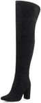 Shoe'N Tale Thigh High Over The Knee Boots for Women Block Chunky Heel Suede Long Pointed Toe Boots, Black, 7.5