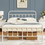 Yaheetech 4ft6 Double Bed Frame Vintage Iron Platform Bed with High Headboard and Footboard, Strong Metal-Framed Bed with Storage White