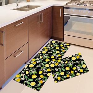 Kitchen rugs Non-Slip Kitchen Mat,PVC 4mm Washable Kitchen Carpet Runner 2 Pieces, Kitchen Mat for Dining Room, Kitchen, Hallway Runner,Indoor Floor Mat (Lemon A, 40 x 60 cm+40 x 120 cm)