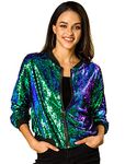 Allegra K Women's Sequin Glitter Long Sleeve Zipper Bomber Jacket M Green