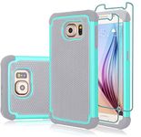 Galaxy S6 Case, Galaxy S6 Case with [2 Pack] Tempered Glass Screen Protector, Shockproof Defender Armor Protective Dual Layer Hybrid TPU Plastic Rugged Case for Samsugng Galaxy S6 SVI - Turquoise&Grey