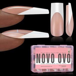 NOVO OVO Instant Apex Sculpted Square French Tip Nail Tips Press on, Thick Pre-applied Tip Primer & Base Coat, BROWN PINK Full Cover False Nails Fake Nail Extensions for Acrylic 15 sizes 150 pcs