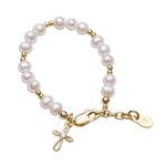 Children's 14K Gold-plated Bracelet with Cultured Pearls and Cross Charm for Baptism, Christening or First Communion Gift for Girls (SM)