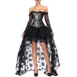 Kimring Women's Victorian Renaissance Lace Floral Printed Overbust Off Shoulder Corset Bustier Top with High Low Skirt Set Grey/Black XX-Large