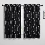 PONY DANCE Short Foil Blackout Curtains for Bedroom - Foil Curtain Silver Wave Line Printed Soundproof Thermal Black out for Nursery/Kids, 46 Inch Wide by 54 Inch Drop, 2 Black Curtain Panels