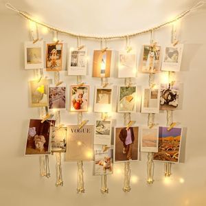 KLOGTSIND Macrame Hanging Photo Display Boho Wall Decor, Picture Christmas Card Holder with String Lights, Photo Hanger with 50 Clips for Room, Dorm, Nursery, Home Decor, Teenage Teen Girl Gifts