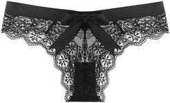 KUAOPATA Women's Lace Bow Thongs T Back Low Waist Breathable Panties Sexy Seamless V-Shape Design Floral Lace tangas, Black, X-Large