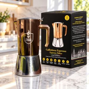 FIAMMA & FERRO Premium Italian Moka Pot - 12-Cup (600ml) Stainless Steel, Copper PVD Finish, Induction Compatible, Zero Aluminum, Zero Plastic