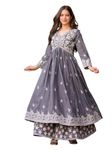 Women Viscose Embroidery Flared Trendy Kurta With Sharara Set, Grey, M