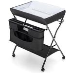 COSTWAY Folding Baby Changing Table, 4-Level Height Adjustable Newborn Massage Tables with Lockable Wheels, Hanging Rod, Storage Bag & Shelf, Infant Care Station Diaper Organizer (Black)