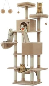 Feandrea Cat Tree, 81.1-Inch Large Cat Tower with 13 Scratching Posts, 2 Perches, 2 Caves, Basket, Hammock, Pompoms, Multi-Level Plush Cat Condo for Indoor Cats, Camel Brown UPCT190K01