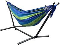 LIVINGbasics 9Ft Double Hammock with Space Saving Steel Stand for Travel Beach Yard Outdoor Camping (Blue)