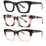 bullabulling 3 pack Oprah style Spring hinge Readers Blue Light Blocking Computer Square Reading Glasses for Women Men (black/tortoise/blackpink, 2.75)