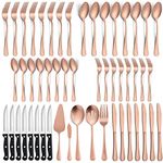 LIANYU 53-Piece Matte Copper Cutlery Set with Steak Knives and Serving Utensils, Fancy Stainless Steel Flatware Silverware Set for 8, Modern Eating Utensils Tableware, Rose Gold