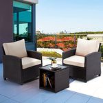 DEVOKO 3 Pieces Outdoor Patio Balcony Furniture Rattan Conversation Set Wicker Sofa with Square 2-Tier Table (Dark Brown and Cream)