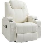 HOMCOM Massage Recliner Chair for Living Room with 8 Vibration Points, PU Leather Swivel Rocker Manual Reclining Chair with Cup Holders, Cream White