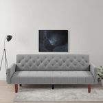 Fangflower Grey Tufted Back Sofa Bed Mid-Century Convertible Sleeper Futon with Tapered Wood Legs for Living Room Apartment Lounge