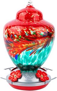 REZIPO Hummingbird Feeder with Perch - Hand Blown Glass - 38 Fluid Ounces Hummingbird Nectar Capacity Include Hanging Wires and Moat Hook (Red-Green)