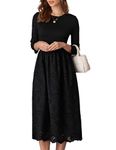 GRACE KARIN Women's Summer Maxi Dress Round Collar 3/4 Sleeve Dress Ladies Spring Dress with Pockets Casual High Waist Dress L Black Size 18