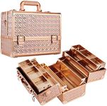 FRENESSA Makeup Train Case 12 inch Large Portable Cosmetic Case - 6 Tier Trays Gold Lining Professional Makeup Storage Organizer Box Make Up Carrier with Lockable Keys for Women - Shiny Rose Gold