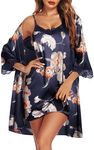 Ekouaer Sleepwear Women's Satin Nightgown with Robes Set 2 Piece Sexy Lace Cami Nightwear Floral Set Floral Navy Blue L