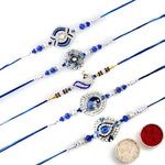 Dreamica Mens Rakhi For Brother, Set Of 5 Designer Rakhi With Roli Chawal Pack And Greeting Card | Pack Of (3 Rakhi, Greeting Card And Roli Chawal Pack) Gp-832