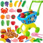 BUYGER Childs Shopping Trolley Cart for Kids with 12 Switchable Music and Light, 5 Types Play Cutting Food Fruit and Vegetable Toy Set Accessories Supermarket Shopping Game Gift for Ages 3+ Year Old