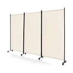 CASART Folding Room Dividers, 3/4 Panels Movable Protective Privacy Screens with Lockable Wheels, Steel Frame Portable Fabric Screen Room Partition for Home Office (3 Panels-260x30x180 cm, White)