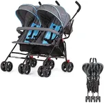 Dream On Me Volgo Twin Umbrella Stroller in Blue, Lightweight Double Stroller for Infant & Toddler, Compact Easy Fold, Large Storage Basket, Large and Adjustable Canopy