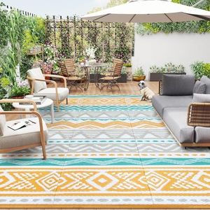 Lahome Waterproof Outdoor Rug 9x12, Reversible Outdoor Plastic Straw Rug for Patio, RV Camping Rugs Picnic Mat Outside, Large Outdoor Carpet for Beach Deck Backyard(Blue/Yellow,9'x 12')