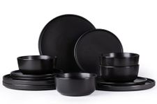 AmorArc Stoneware Dinnerware Sets of 4,Reactive Ceramic Plates and Bowls Set,Highly Chip and Crack Resistant | Dishwasher & Microwave Safe | Round Dishes Set Service for 4 (12pc)-Matte Black