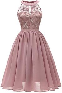 Women Vintage Halter Neck Floral Lace Hi-Lo Backless Bridesmaid Dress A-Line Short Prom Retro Cocktail Formal Swing Dress, Pink #02, Small