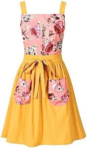 Pinknoke Vintage Pinafore Apron Dress for Women with Pockets Cute Floral Chef Aprons for Kitchen Cooking Baking Gardening, Yellow