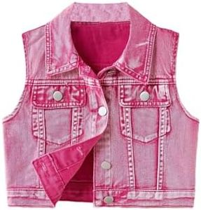 SweatyRocks Girl's Denim Vest Button Down Sleeveless Jean Jacket Outerwear with Pockets Hot Pink 11Y