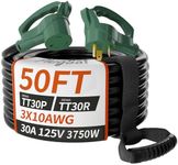 PlugSaf 50 FT 30 Amp RV Extension Cord Outdoor with Grip Handle, Flexible Heavy Duty 10/3 Gauge STW RV Power Cord Waterproof with Cord Organizer, NEMA TT-30P to TT-30R, Black-Green, ETL Listed