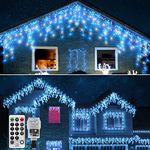 CERIAL 20M Outdoor Icicle Lights Christmas Curtain Fairy Lights Mains Powered Outside Ice Eaves Lights with 108 Drops for Indoor Gazebo Outside Xmas Decorations, Blue+White