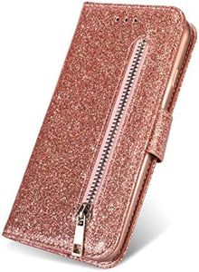 ZCDAYE Wallet Case for Galaxy S6 Edge,Bling Glitter Sparkly Zipper PU Leather Magnetic Flip Folio Card Pockets Holder with Wrist Strap Protective Case Cover for Samsung Galaxy S6 Edge - Rose Gold